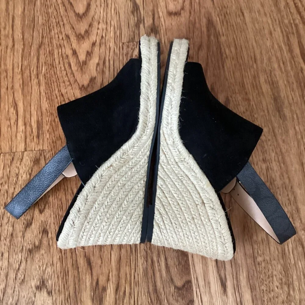 NEW Coach Poppy Espadrille Wedge in Black Suede & Signature Canvas 9 Logo Buckle